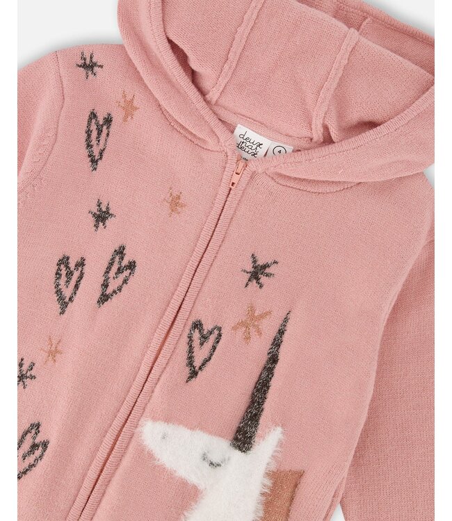Deux par Deux  Hooded Knit Cardigan Dusty Pink With Unicorn Intarsia