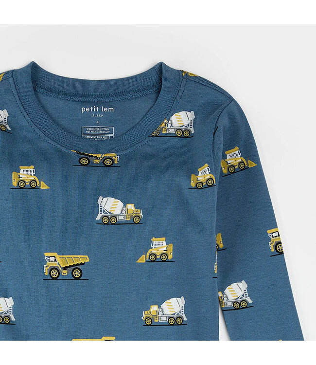 Petit Lem PJ Set Construction Truck Print on Cobalt Blue