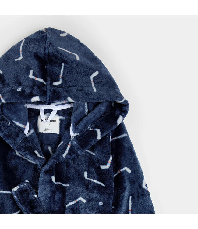 Petit Lem Plush Robe Hockey Sticks Print on Navy Blue
