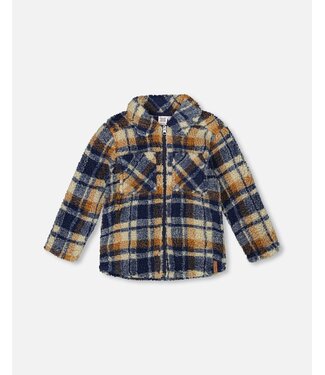 Deux par Deux Sherpa Zip Front Overshirt Blue and Brown Plaid