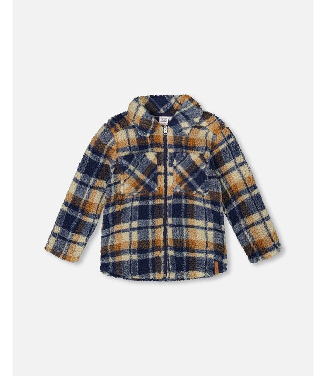 Deux par Deux Sherpa Zip Front Overshirt Blue and Brown Plaid