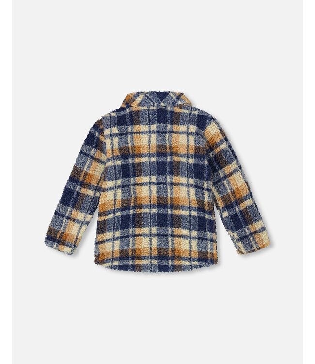 Deux par Deux Sherpa Zip Front Overshirt Blue and Brown Plaid