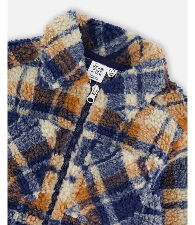 Deux par Deux Sherpa Zip Front Overshirt Blue and Brown Plaid