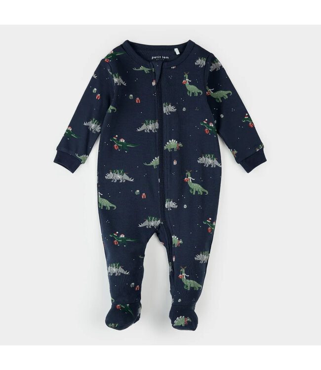 Petit Lem Footed Sleeper Holiday Dinosaur Print on Navy