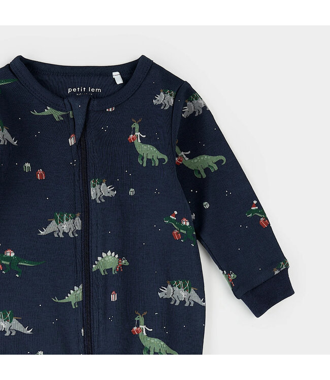 Petit Lem Footed Sleeper Holiday Dinosaur Print on Navy