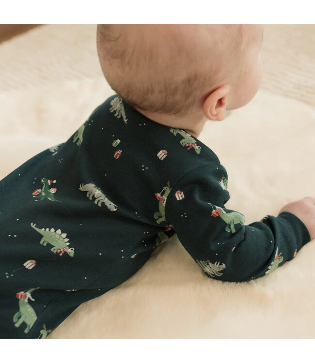 Petit Lem Footed Sleeper Holiday Dinosaur Print on Navy