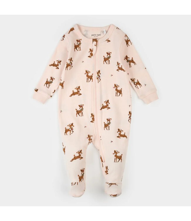 Petit Lem Footed Sleeper Reindeer Print on Pink
