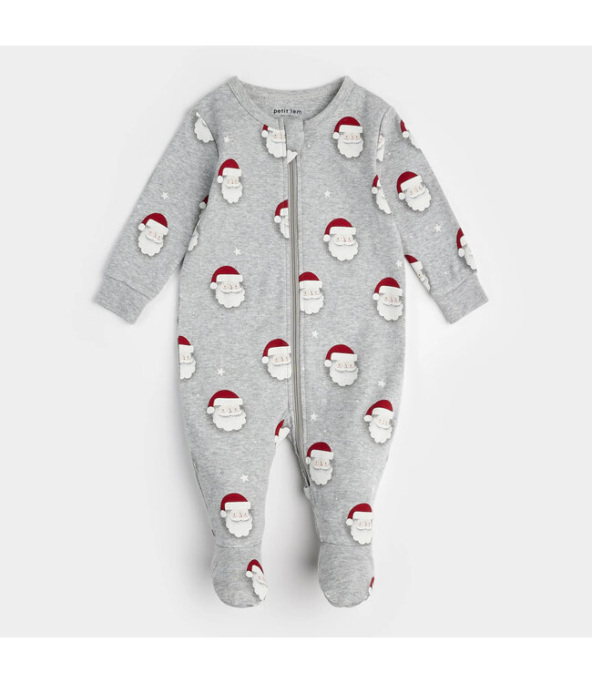 Petit Lem Footed Sleeper Santa Print on Heather Grey