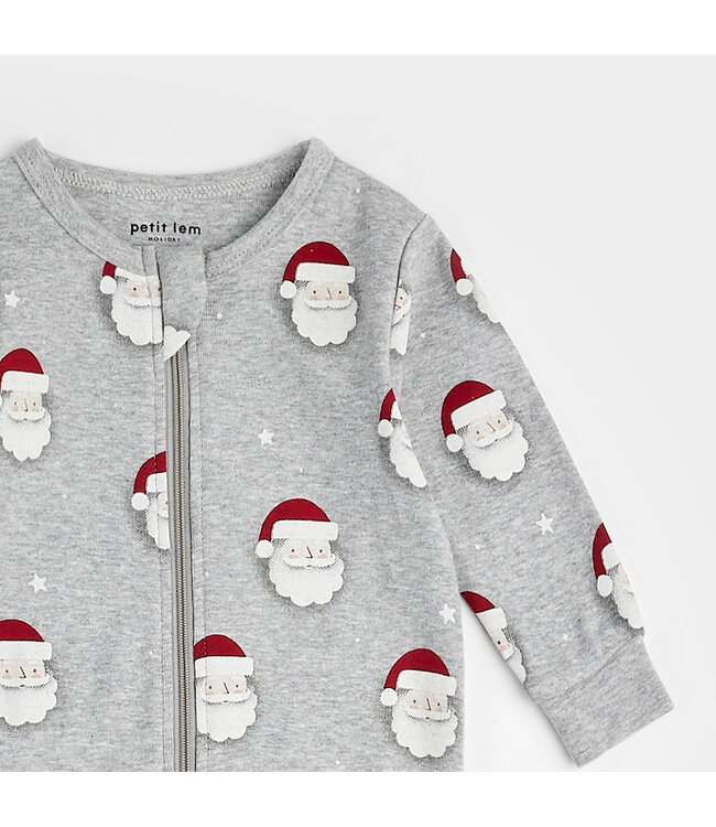 Petit Lem Footed Sleeper Santa Print on Heather Grey