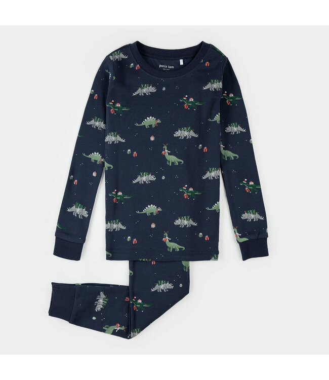 Petit Lem PJ Set Holiday Dinosaur Print on Navy