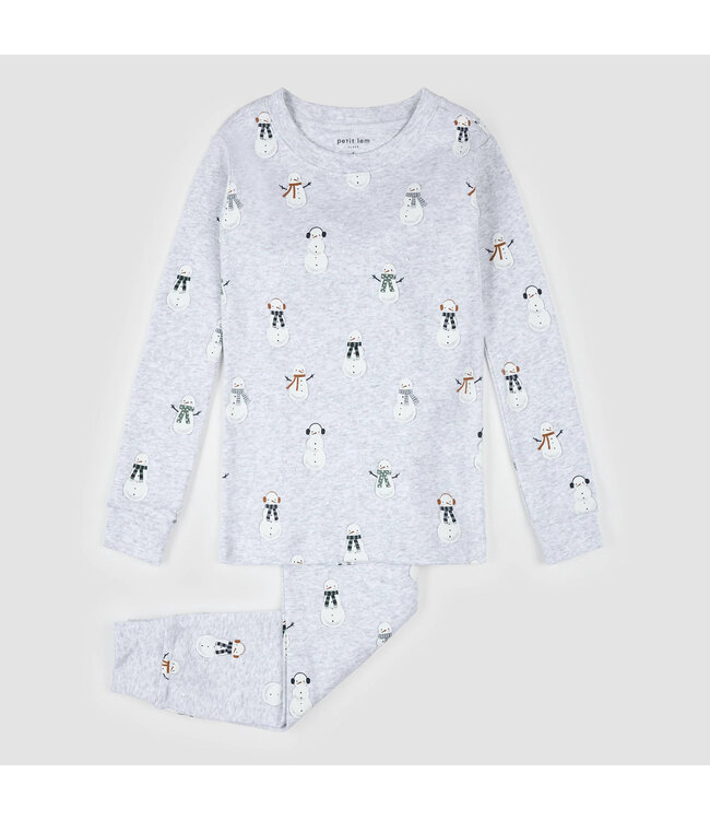 Petit Lem PJ Set Snowman Print on Light Heather Grey