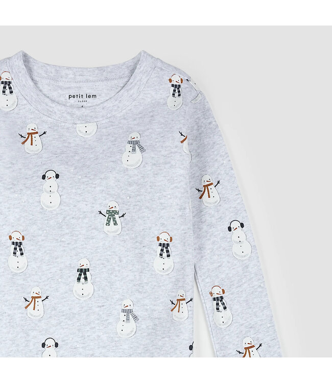 Petit Lem PJ Set Snowman Print on Light Heather Grey