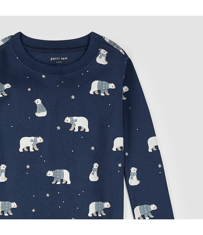 Petit Lem PJ Set Winter Polar Bear Print on Navy