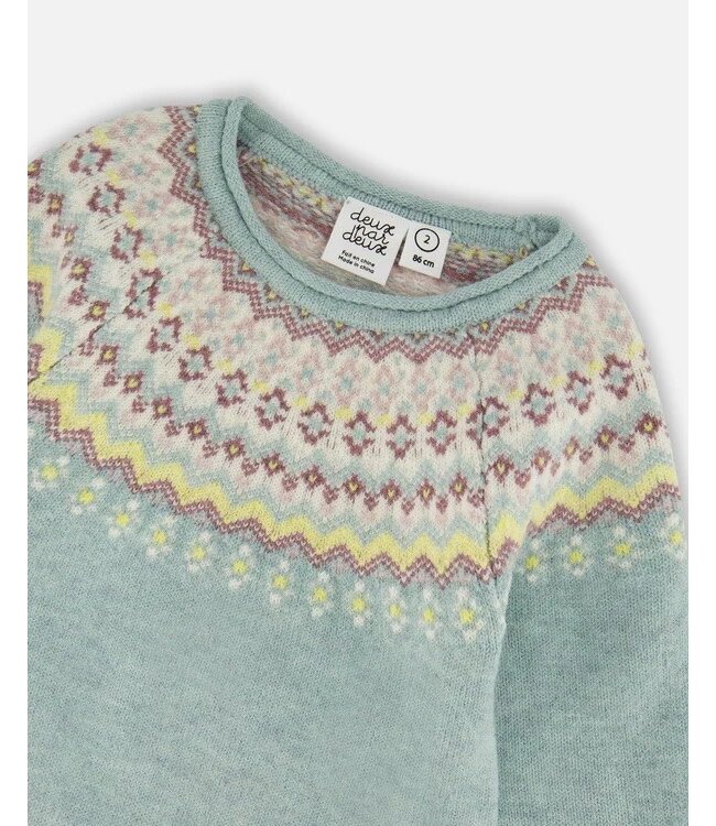 Deux par Deux Jacquard Sweater Dress with Ribbed Skirt Jade Green