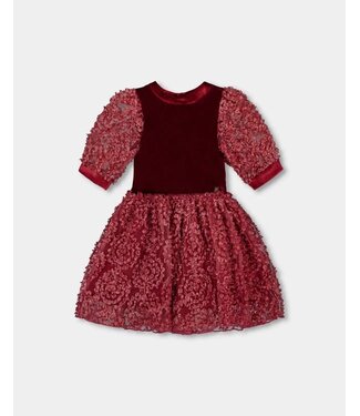 Deux par Deux Puff Sleeve Velour and Lace Red Dress