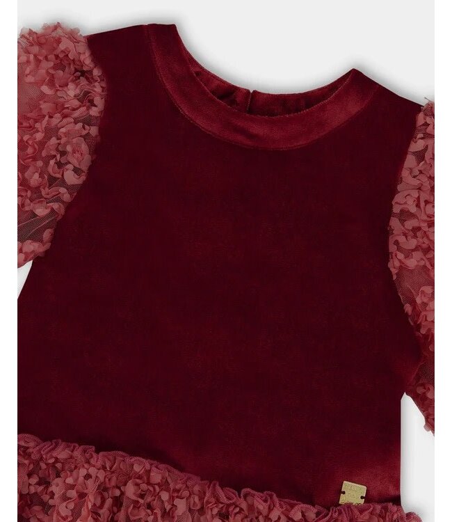 Deux par Deux Deux par Deux Puff Sleeve Velour and Lace Red Dress