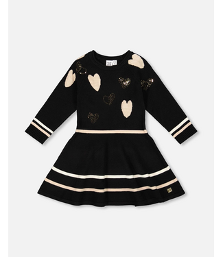 Deux par Deux Knit Dress Black with Glittery Hearts