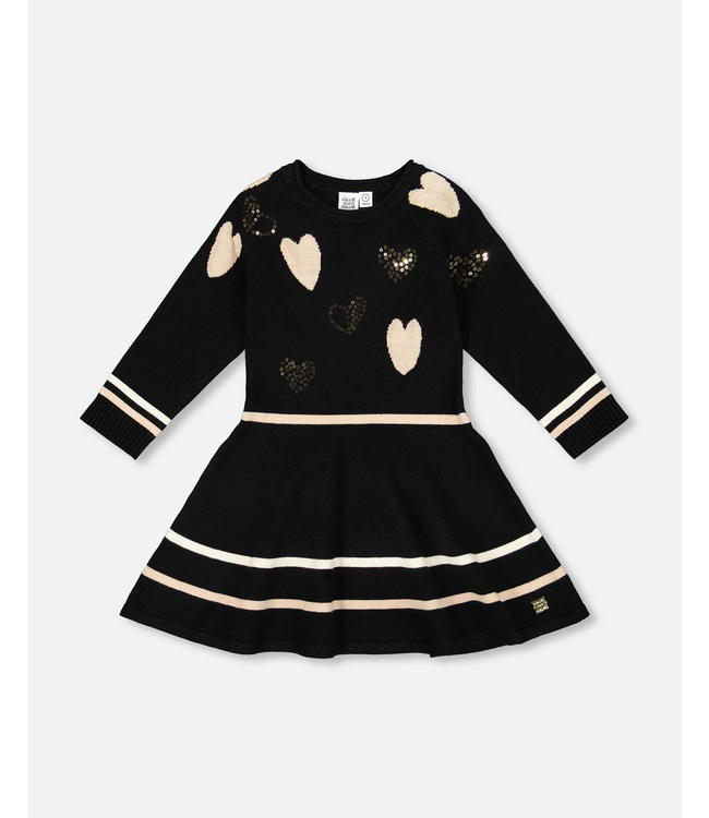 Deux par Deux Knit Dress Black with Glittery Hearts