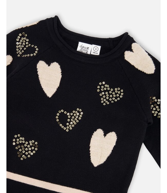 Deux par Deux Knit Dress Black with Glittery Hearts