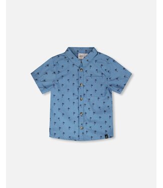 Deux par Deux Chambray S/S Collared Shirt Palm Tree Print