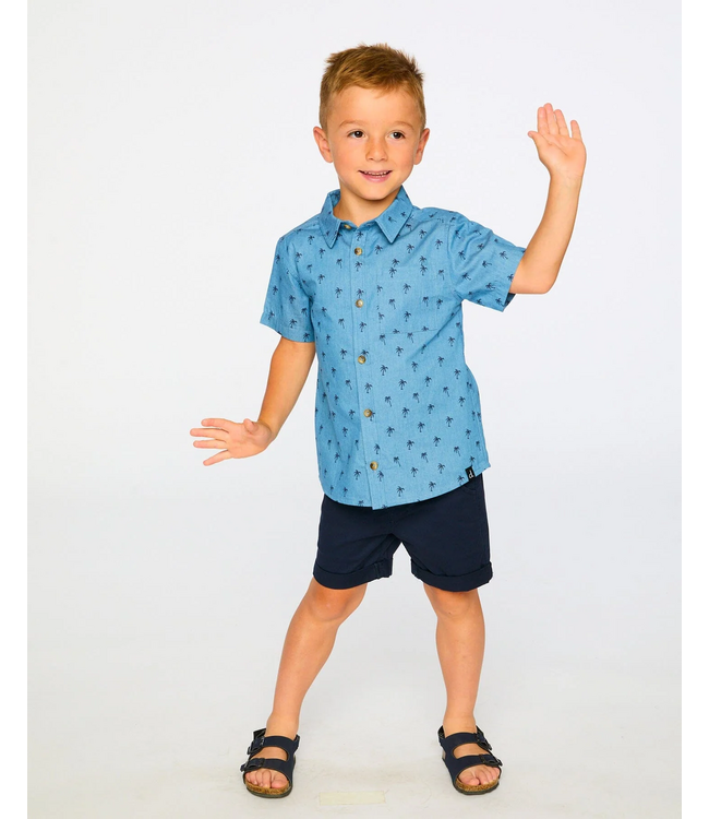 Deux par Deux Chambray S/S Collared Shirt Palm Tree Print