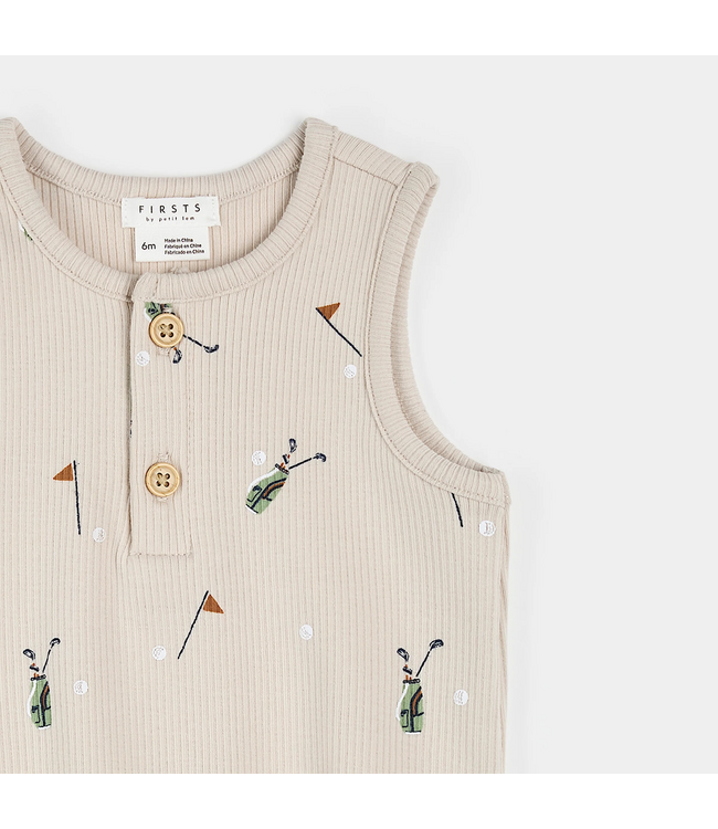 Petit Lem Ribbed Bubble Romper Golf Caddy Print on Sand