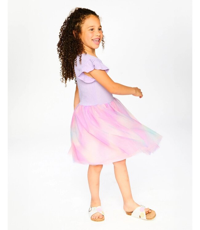 Deux par Deux Deux par Deux Bi-Material Tulle Dress in Purple Heather