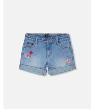 Deux par Deux Denim Shorts with Floral Embroidery