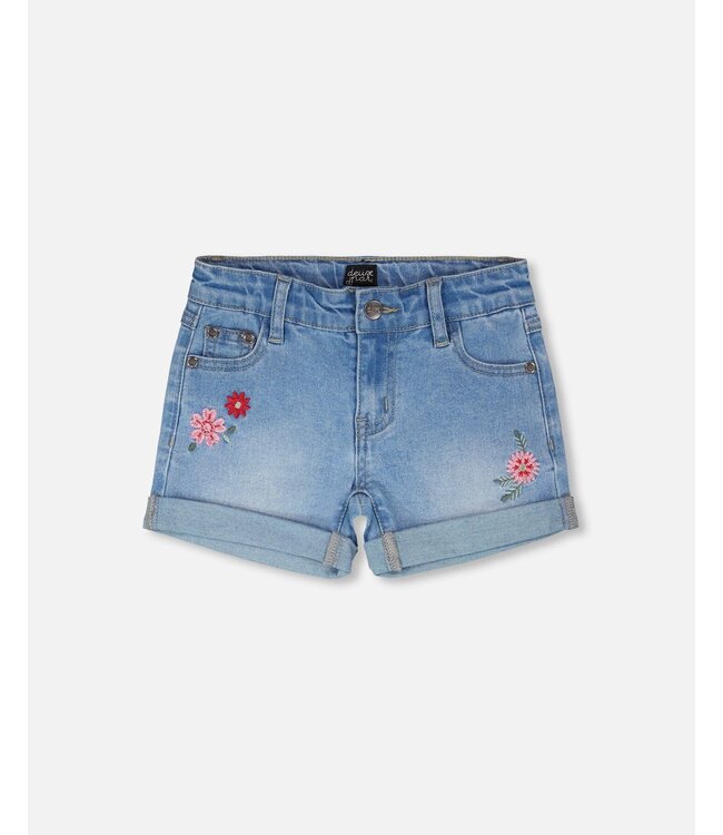 Deux par Deux Denim Shorts with Floral Embroidery