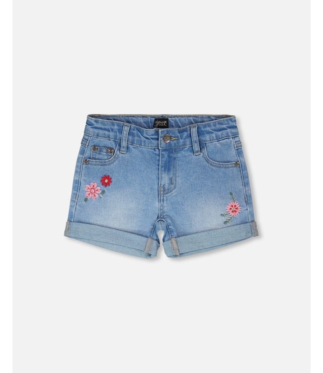 Deux par Deux Denim Shorts with Floral Embroidery
