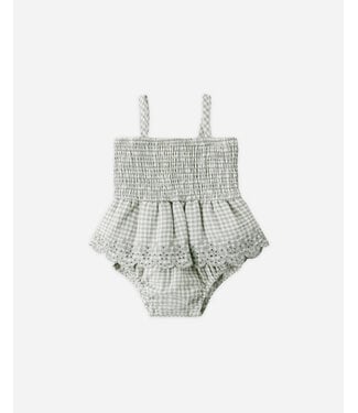 Quincy Mae Quincy Mae Smocked Skirted Romper in Sage Gingham