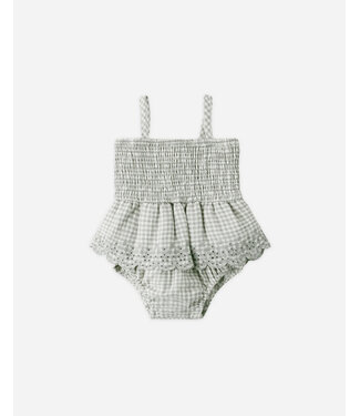Quincy Mae Smocked Skirted Romper in Sage Gingham