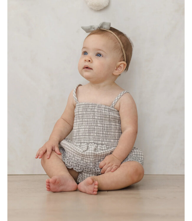 Quincy Mae Smocked Skirted Romper in Sage Gingham