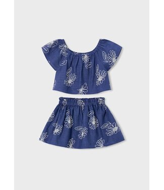 Mayoral Mayoral Linen Floral Embroidered Skirt Set Navy