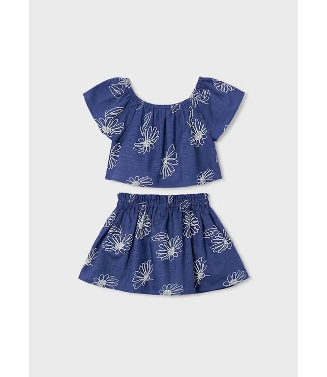 Mayoral Mayoral Linen Floral Embroidered Skirt Set Navy