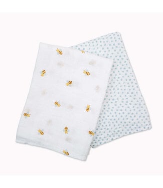 Lulujo Cotton Muslin Swaddle 2pk Bees + Blue Dots