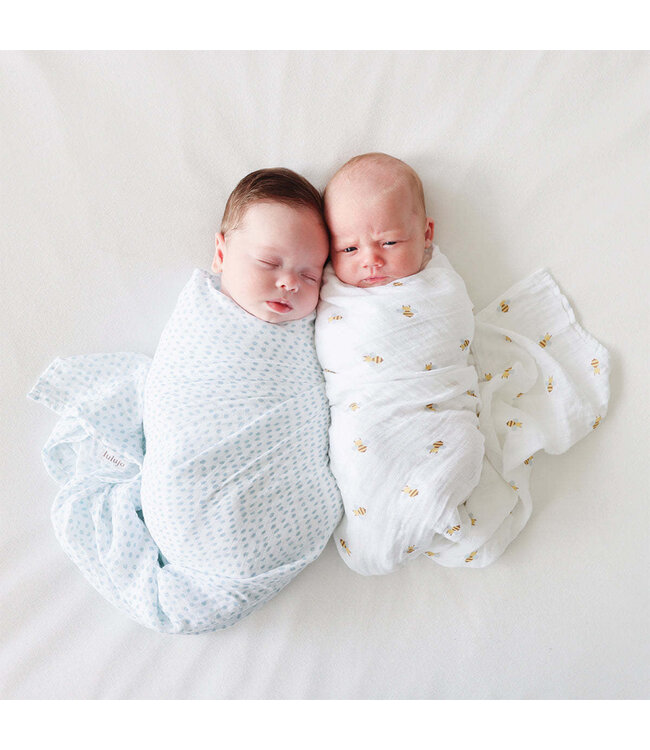 Lulujo Cotton Muslin Swaddle 2pk Bees + Blue Dots