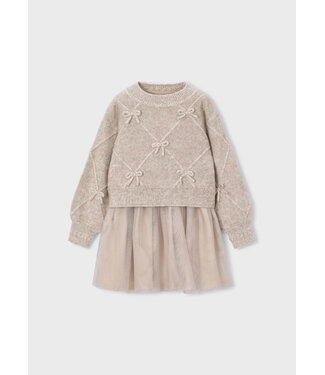 Mayoral Knit Sweater & Tulle Dress Taupe Gold
