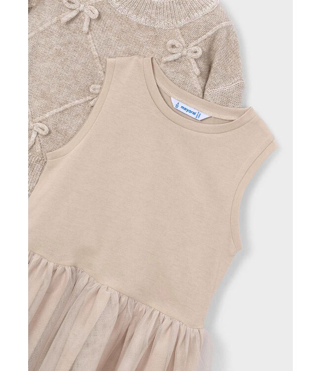 Mayoral Knit Sweater & Tulle Dress Taupe Gold