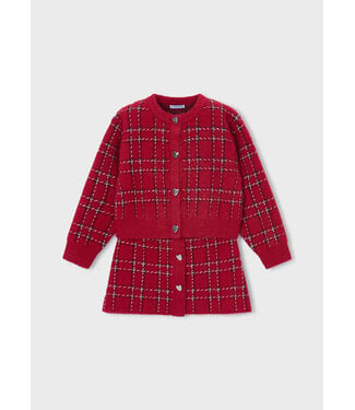 Mayoral Knit Cardigan & Skirt Set Red Plaid