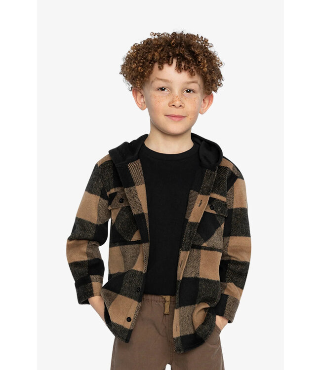 Deux par Deux Deux par Deux Fleece Hooded Over Shirt Brown Plaid
