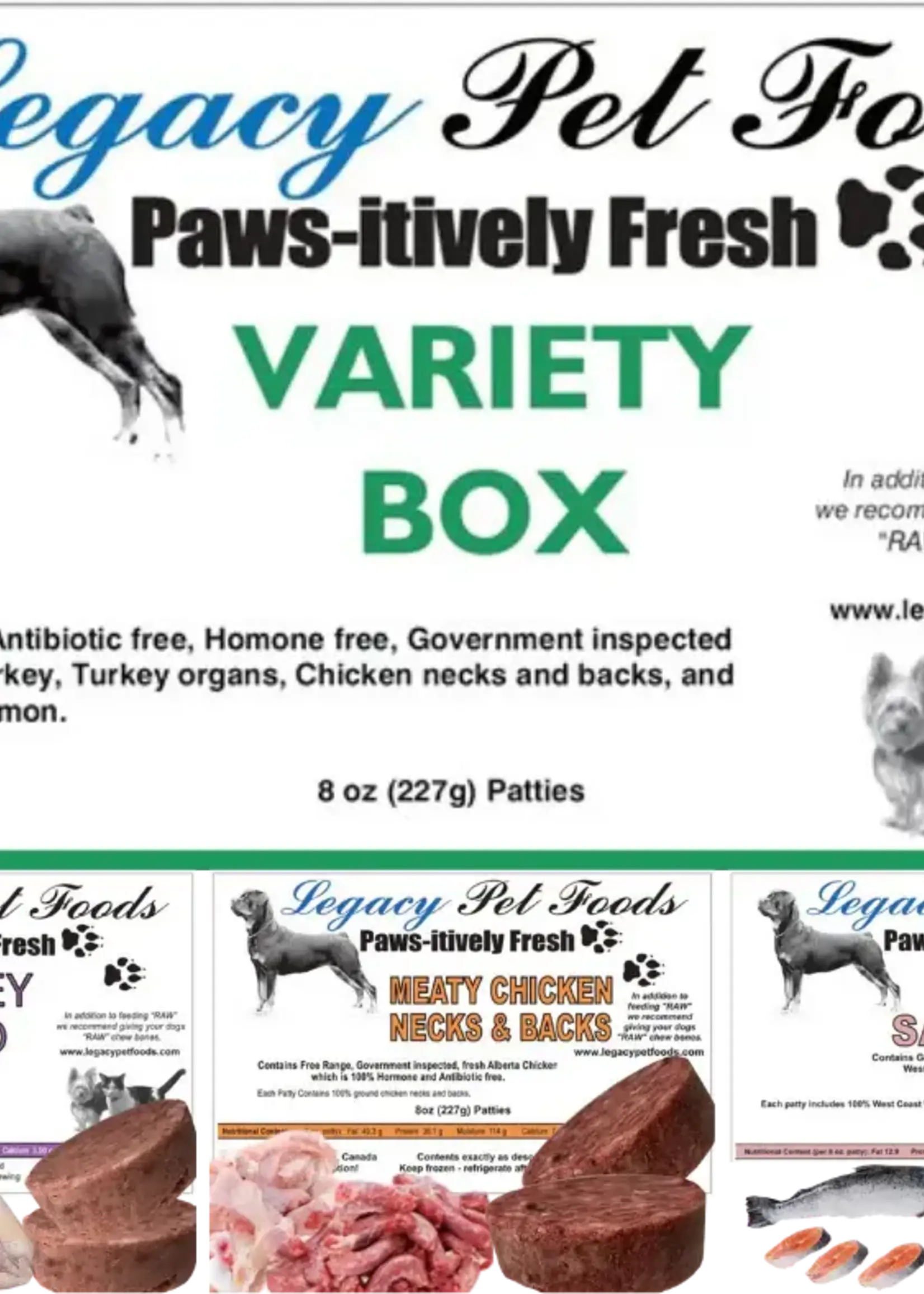 Legacy Pet Foods Legacy Variety Frozen Raw(Meaty Chicken, Turkey Dinner, Salmon) - 25lb