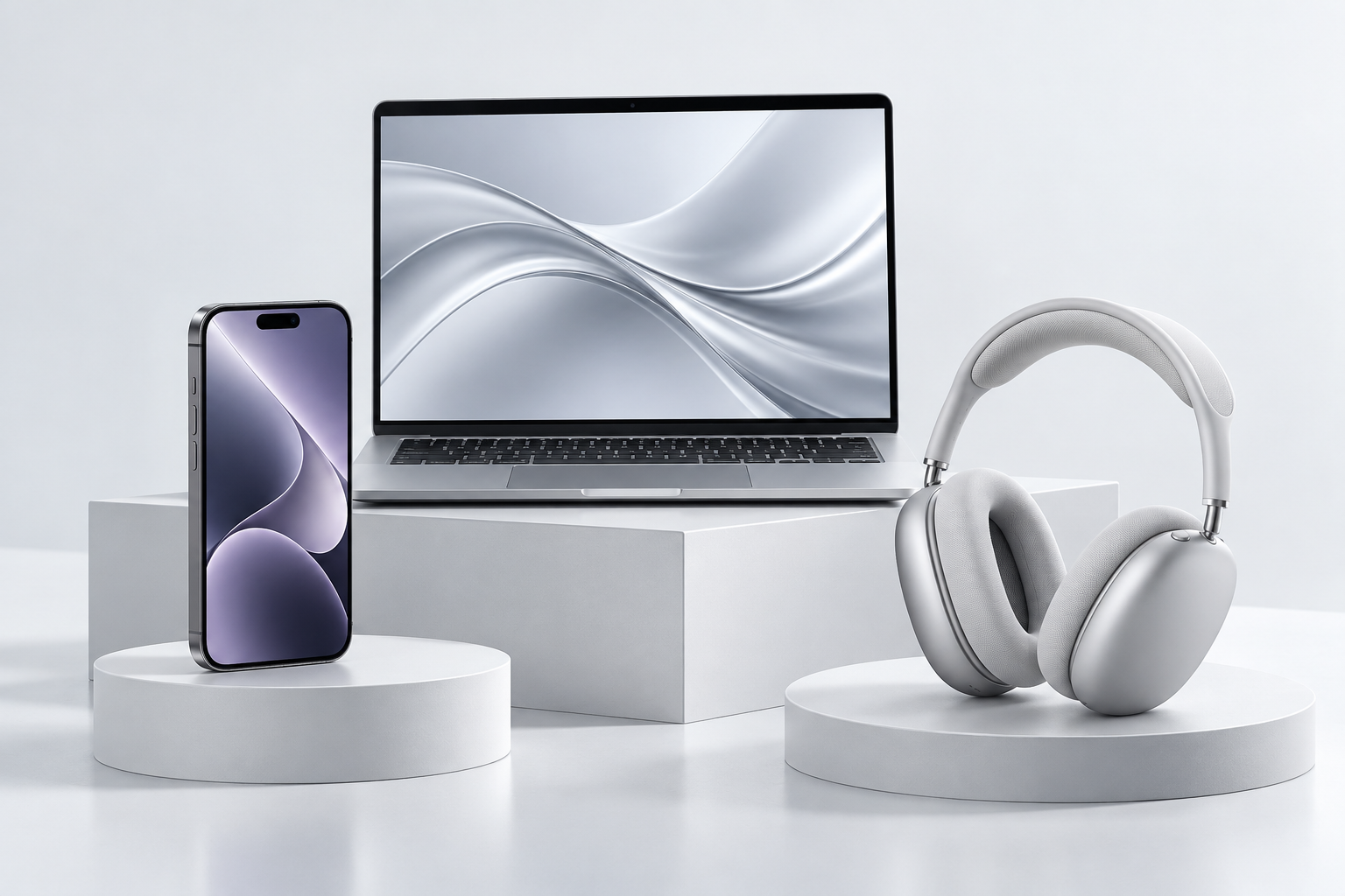 Illustration of a laptop, smartphone and headphones