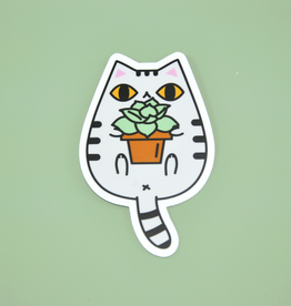 Noristudio Vinyl Sticker Gray Tabby Cat and Succulent Plant