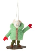 Silver Tree Holiday Felt Ornament Snowboarding Mouse in Puffy Green Coat