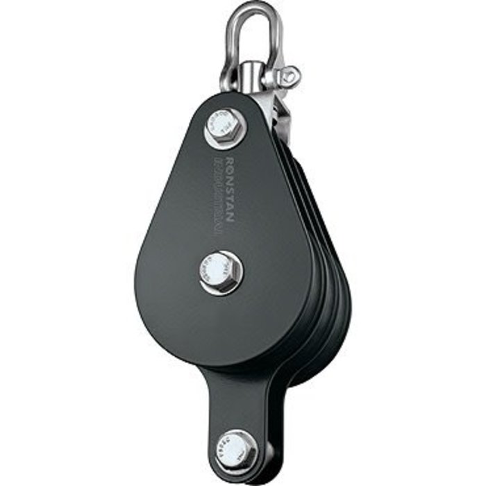 Ronstan Block, Triple,75mm Sheave, Becket, Swivel Shackle Head