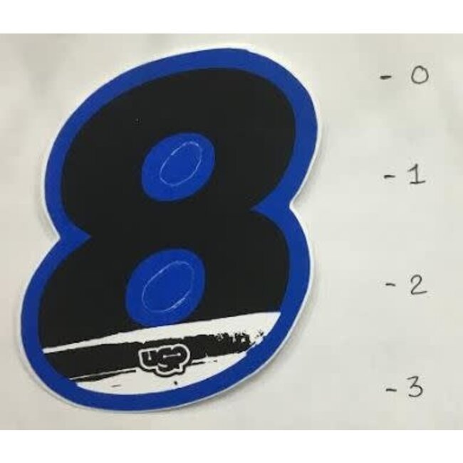 STICKER - NUMBER 8 - BLACK / BLUE TRIM - 3"*