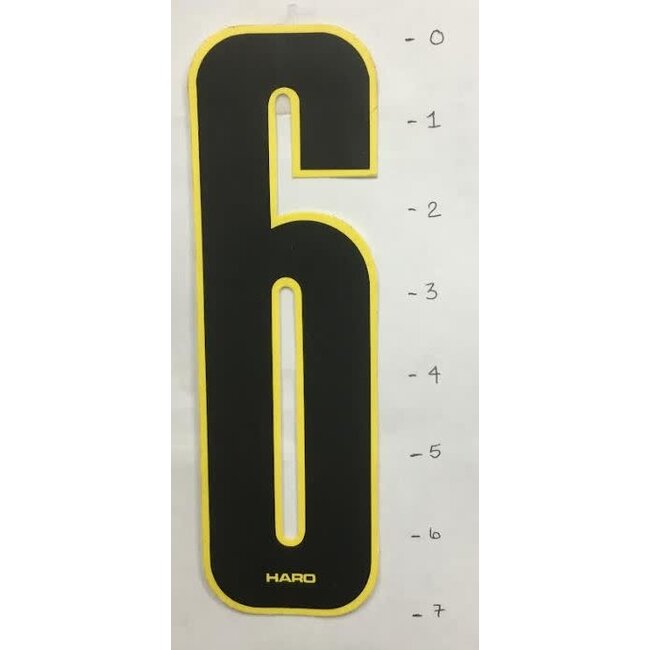 HARO STICKER - NUMBER 6 - BLACK/ YELLOW TRIM - 7"*