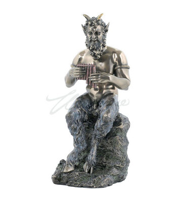 Pan Sitting On Rock Playing Flute Statue