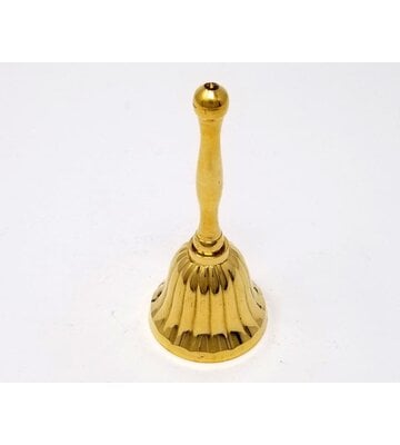 Brass bell with decorative scalloped outer bell and slender handle 4”